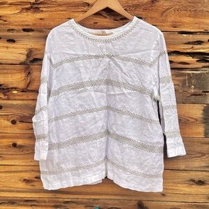J.JILL | 100% Linen Striped Embroidery 3/4 Sleeve Blouse XL
